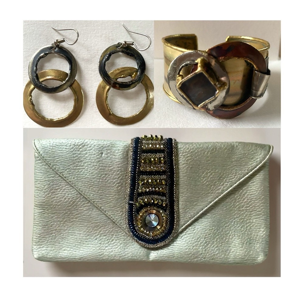Beaded Gold Tone Clutch and Matching Cuff Bracelet and Earrings